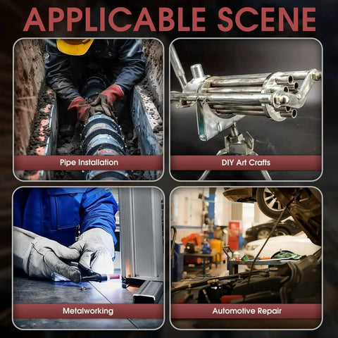 Four images showing applicable scenes: pipe installation, DIY art crafts, metalworking, and automotive repair.