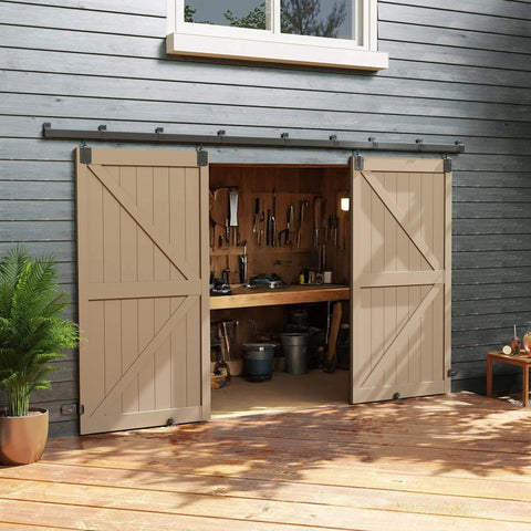 Installed Heavy Duty 16 Foot Barn Door Hardware Kit Sliding Track System For Two Doors Wall Mount Black No Doors Included