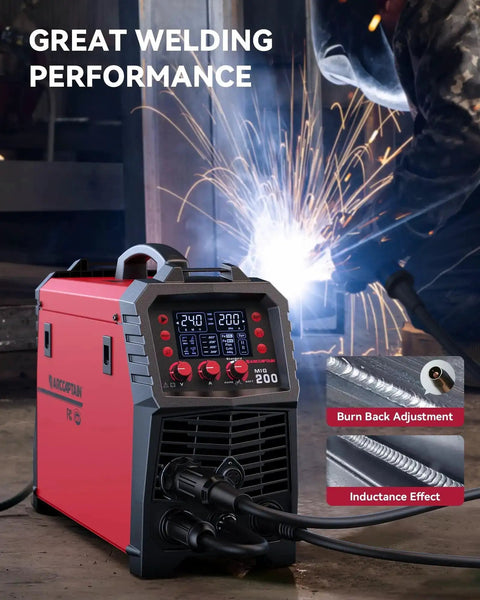 All In One 6 In 1 MIG Welder With Gas, Flux Core, Stick MMA, Lift TIG, Spot Weld, Spool Gun Ready Aluminum Multi Process Welder, 200Amp, LED Display, Burn Back Adjustment, 110V 220V in use with sparks visible.
