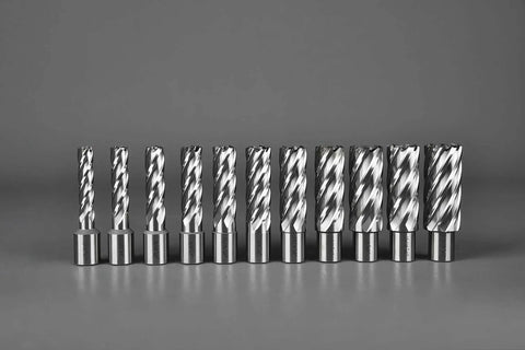 Heavy Duty 13 Piece Annular Cutter Set for Drill Press With Weldon Shank, shown with varying cutting diameters from 7/16 to 1-1/16.