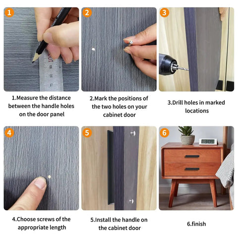 Installation steps for 6 Inch Black Matte Cabinet Handles Set on kitchen cabinets and drawers.
