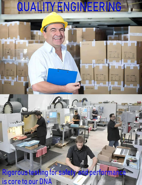 Factory quality engineer wearing a hard hat, holding a clipboard, overseeing production in a busy machining workshop.