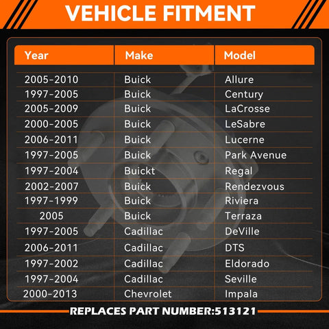 Vehicle fitment chart for Front Left/Right Wheel Hub & Bearing Assembly 513121, compatible with select Buick and Cadillac models.