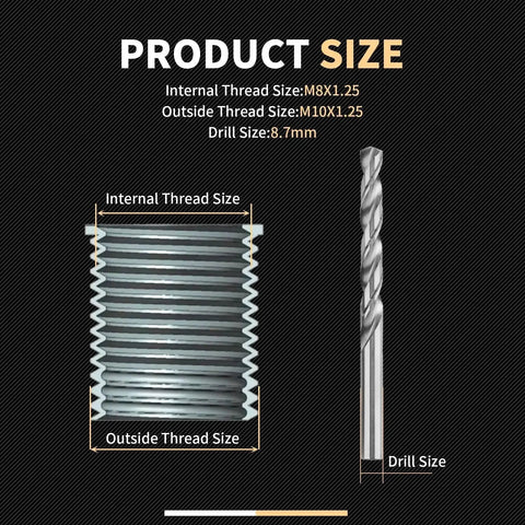 Pro Grade M8x1.25 Thread Repair Kit with stainless steel insert and HSS drill showing thread and drill sizes.