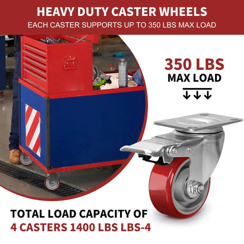 Heavy duty caster wheels supporting tool chest, featuring 3 inch heavy duty swivel casters with brakes polyurethane on steel wheels set of 4.