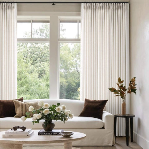 Pinch Pleated Linen Sheer Curtains 102 Inch Long, Two Panel Set With Ring Hooks And Clips For Track System in living room