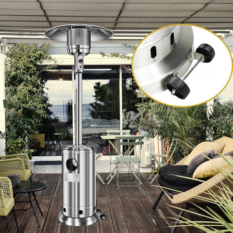 Universal patio heater wheel kit with stainless steel bracket and black wheels for easy movement of a gas heater