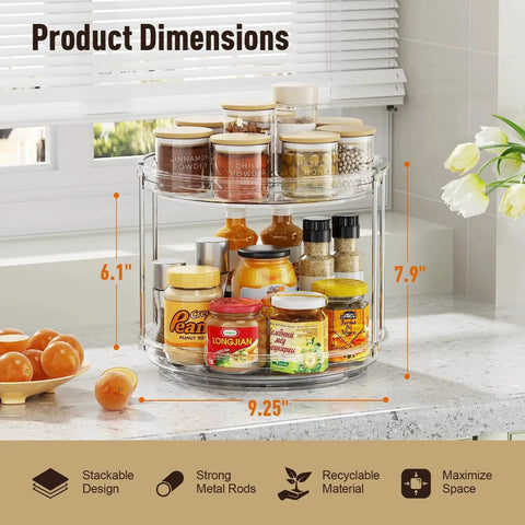 Two Tier Lazy Susan Organizer For Narrow Cabinets And Countertops 9.25 Inch Turntable Rotating Spice Rack Stackable Organizer For Kitchen Pantry And Bathroom Clear LazySpin on a countertop filled with spices and condiments, dimensions labeled.