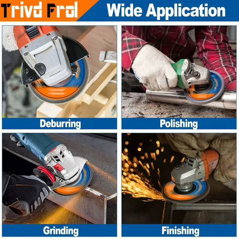 40 Pack Four Point Five Inch Flap Discs For Angle Grinder T29 Grit Set With 40 60 80 120 Grits Zirconia Grinding Discs For Metal Wood Stainless Steel Finishing By Trivd Frol Pro Grade shown in various applications including deburring, polishing, grinding, and finishing on wood and metal surfaces.