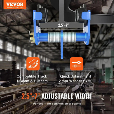 Manual Trolley For I Beam 2200 Lb Capacity, shown on adjustable beam width 2.5 to 7 inches in warehouse setting.