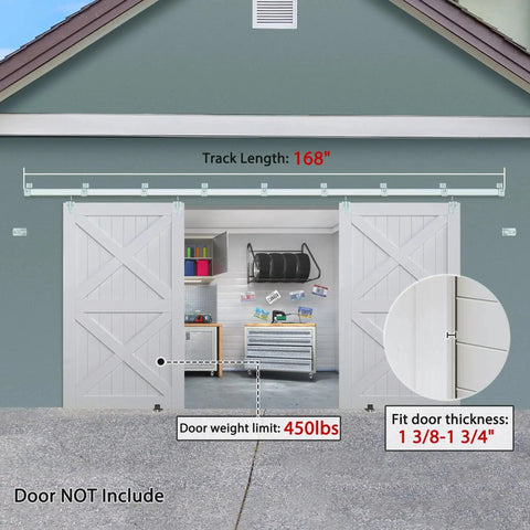 Exterior Sliding Barn Door Hardware Kit for Double Doors, 14ft Heavy Duty Track System, installed on garage, silver galvanized steel