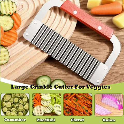Crinkle Cutter For Restaurant Style Fries And Wavy Chips At Home With An Extra Large 7.3 Inch Stainless Steel Blade And Wooden Handle