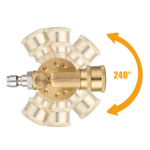 Brass pivoting gutter cleaner attachment for pressure washer, 1/4-inch quick connect, 240° head with 7 angles.