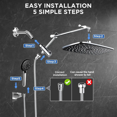 Installation guide for 11.8 Inch Rain Shower Head With Handheld And Detachable Dual Showerhead Chrome, showing step-by-step process.
