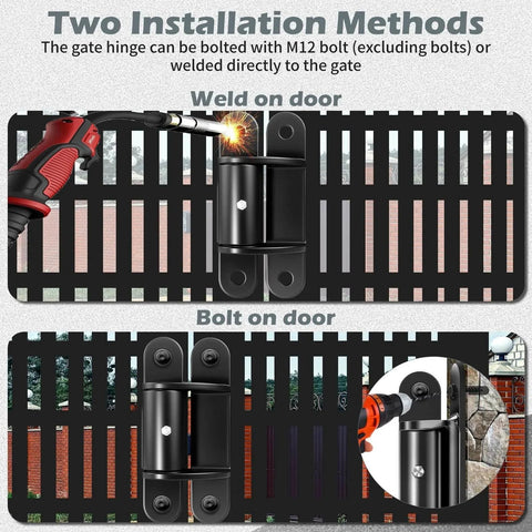 2 Pack 7 Inch Heavy Duty Gate Hinges With 1100 Lbs Maximum Load 180 Degree Swing, showing weld and bolt installation methods