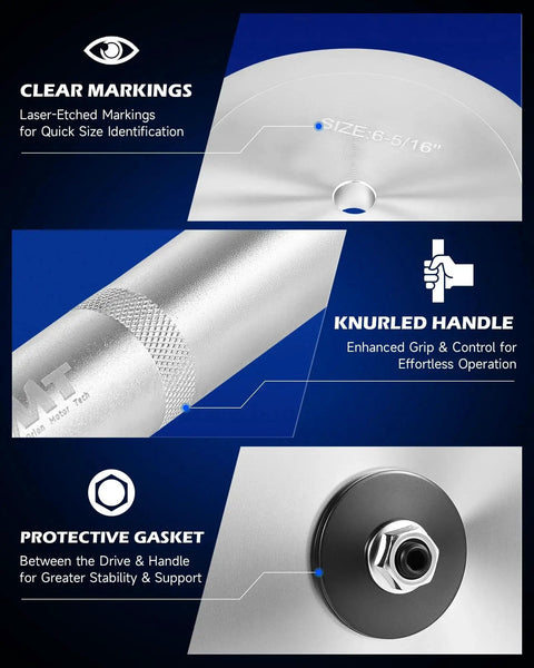 Features of 2 In 1 Bearing Press And Hub Seal Installer Kit for Trucks highlighting clear markings, knurled handle, and protective gasket.