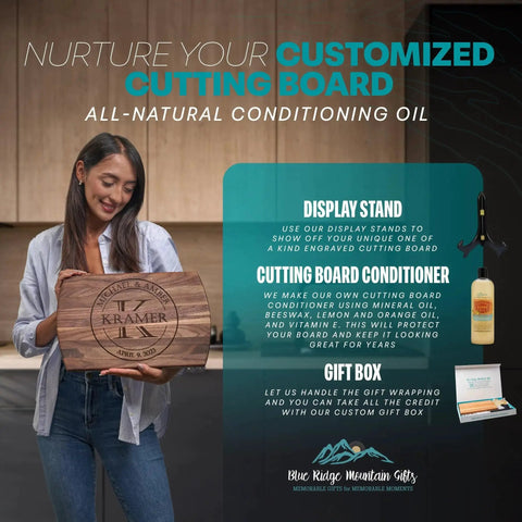 Personalized Wood Cutting Board With Gift Box, Stand, And Oil Included For Weddings, Anniversaries, Birthdays Or Mothers Day, Laser Engraved And Custom Engraved In Cherry, Maple, Or Walnut For Her By Blue Ridge Mountain Gifts product display
