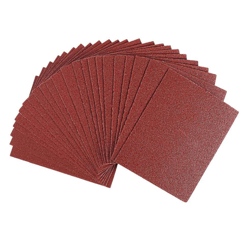 1/4 Sheet Sandpaper Pack 4.5 By 5.5 Inches P60 Red Aluminum Oxide Plain Backing 50 Sheets displayed in a fan arrangement