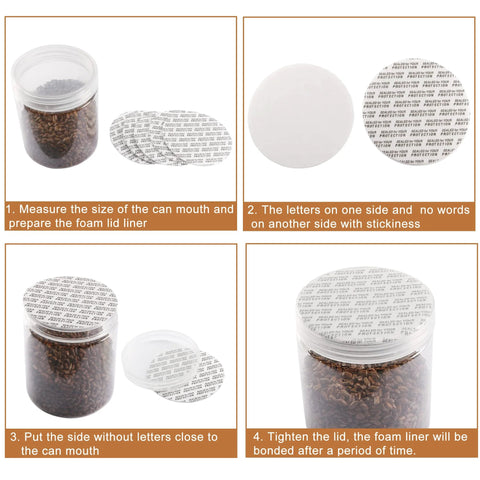 PATIKIL 51mm foam lid liner, 50-pack; PS foam tamper-evident seal discs shown with can lid.