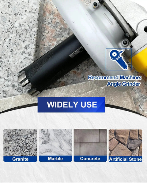 One And Three Eighths Inch Diamond Core Drill Bit For Dry Or Wet Drilling In Granite Marble Concrete Brick Laser Welded 35mm Diameter, 100mm Total Length, Five Eighths Inch 11 Thread shown with angle grinder.