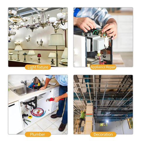 Collage of images showing light fixtures, appliance repair, plumbing, and decoration work.