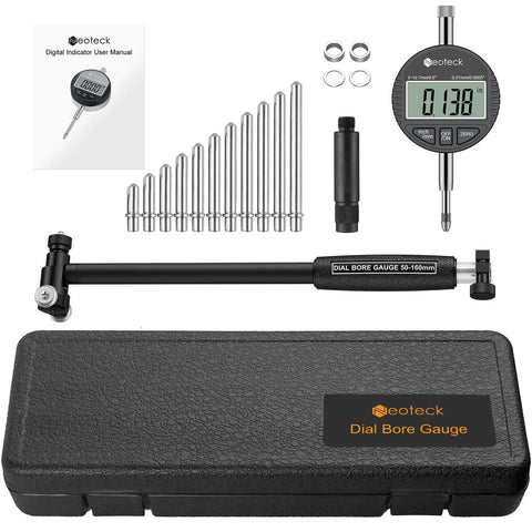 Pro Grade Digital Bore Gauge Set For 2 To 6 Inch Cylinders With Self Centering Dial Indicator Carbide Anvils Insulated Grips For Deep Engine Cylinder Measurements 0.0005 Inch Resolution Black, showing components and storage case