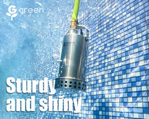 Green Expert submersible sump pump with stainless steel body for high-flow water drainage.