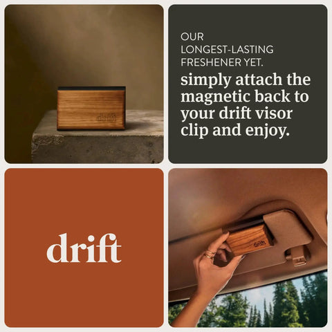 Wood Car Air Freshener Teak Scent Starter Kit With Visor Clip on a visor, showing teak wood and magnetic attachment.