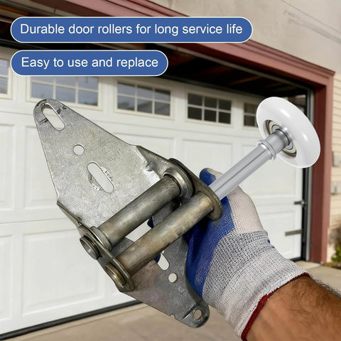 Hand holding 10 Pack Nylon Garage Door Rollers With Sealed 1.8 Inch Stem And 4.7 Inch Pulley Wheels in front of a garage door