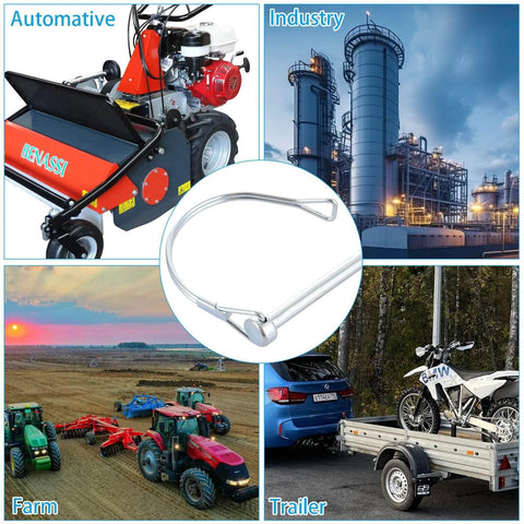 Beefed Up 30 Pack Trailer Coupler Pins One Quarter Inch Shaft Locking Pin Safety PTO Pin One Quarter Inch By Two And Three Quarters Inches For PTO Farm Lawn Hitches And Garden Zinc Plated Steel with industrial, farm, and automotive scenes.