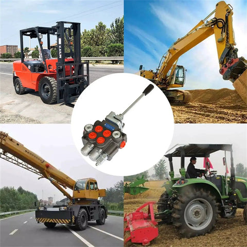 Hydraulic Directional Control Valve Double Acting 2 Spool for Small Tractors, Loaders, Log Splitters, shown in use with equipment.