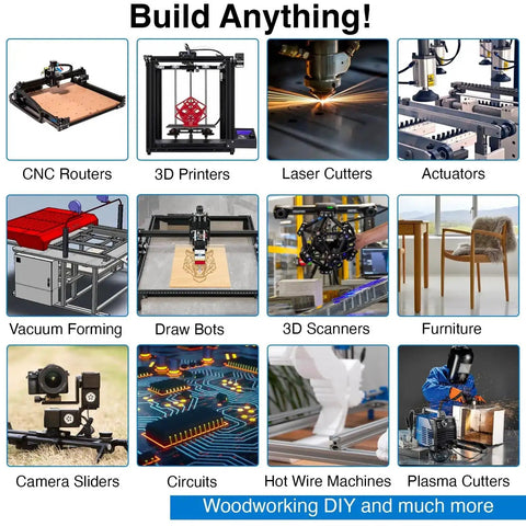 Collage showing CNC routers, 3D printers, laser cutters, actuators, and more for various DIY and woodworking applications.