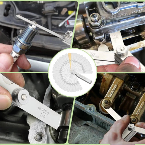 Close-up of a Stainless Steel Feeler Gauge Set With 32 Blades For Precise Valve And Spark Plug Gap Adjustment, dual metric and imperial readings in use for automotive adjustments.