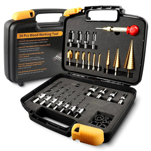 34 Piece Woodworking Drill Bit Set With Countersink Bits Counter Sink Bits Plug Cutters Three Step Drill Bits And Drill Stop Collars In Durable High Speed Steel Case For Organized Pro Grade Jobs