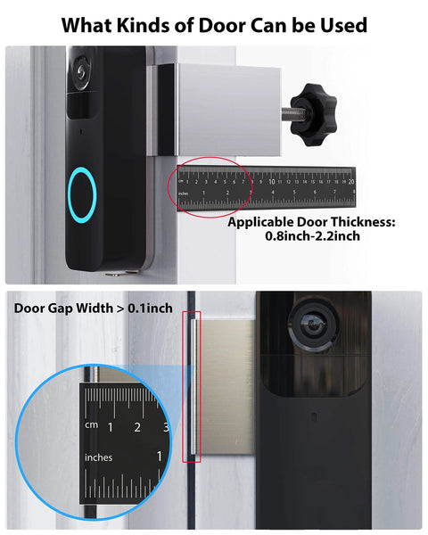 No Drill Anti Theft Doorbell Mount For Blink Video Doorbell, Durable Mounting Bracket For Apartments showing door thickness compatibility.