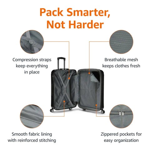 30 Inch Hardside Spinner Luggage With TSA Lock open view showing compression straps, breathable mesh, and zippered pockets