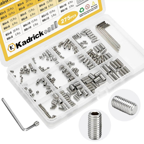 304 Stainless Steel Set Screws Kit With 275 Pcs, Metric M3 To M8, 3mm To 16mm Lengths, 24 Sizes, box with screws and tools