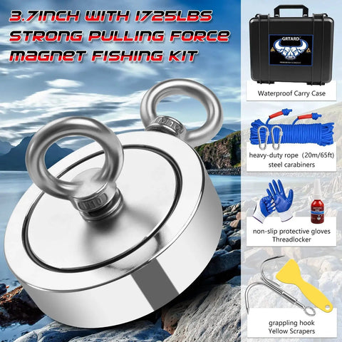 1725LB Heavy Duty Magnet Fishing Kit With Double Sided N52 Neodymium Magnets, includes magnet, rope, case, gloves, scrapers