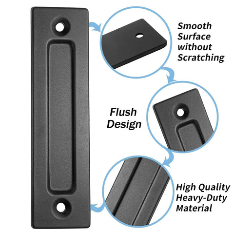 Matte Black Sliding Barn Door Handle Eight Point Six Inch Flush Pull Heavy Duty With Screwdriver And Screws For Cabinets Closets Drawers And Gates Easy Flush Design For Doors One And Quarter Inch Thick With Seven Inch Hole Distance 180mm, showing front view with smooth surface and flush design.