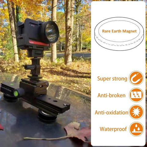 Installed MUTUACTOR rubber-coated neodymium magnets mounting a camera on a vehicle hood
