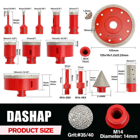 Diamond Hole Saw Kit 14 Piece Tile Drill Bit Set For Ceramic Porcelain And Granite Includes Diameters 6mm 8mm 19mm 25mm 35mm 51mm 75mm 100mm Plus Emery Chamferer Thumb Drill M14 Hex And SDS Accessories For Easy Cutting, red drill bits and accessories displayed.