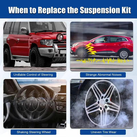 Indicators for replacing a suspension kit: unstable steering, abnormal noises, shaking steering wheel, uneven tire wear.