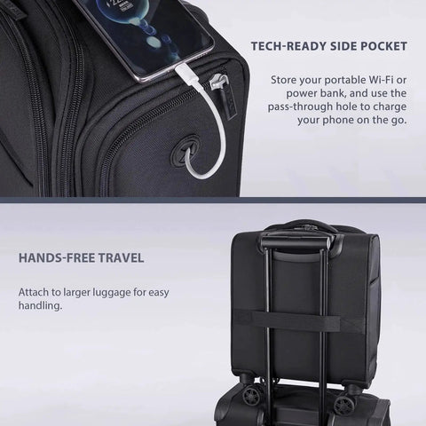 Underseat Carry On Luggage With Wheels Softside Lightweight Travel Bag For Men And Women showing tech-ready side pocket and attachment handle.