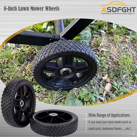 8-inch lawn mower wheels with inner and outer bearings, solid tire and rim, shown installed on a mower.