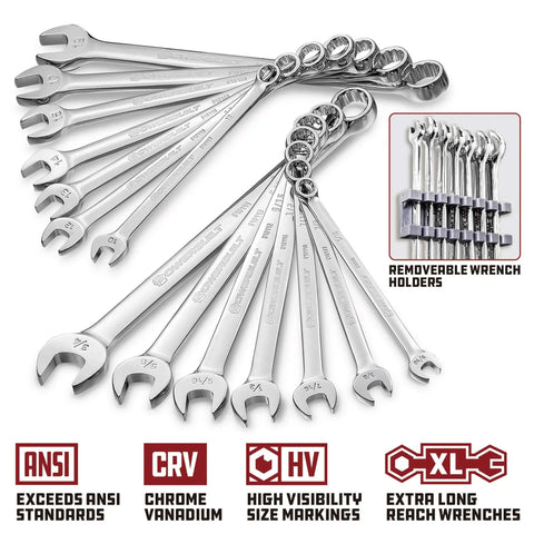 Heavy-Duty 200 Piece Mechanic Tool Set With 1/4, 3/8, And 1/2 Inch Drive Sockets, SAE And Metric, showing wrenches and holders