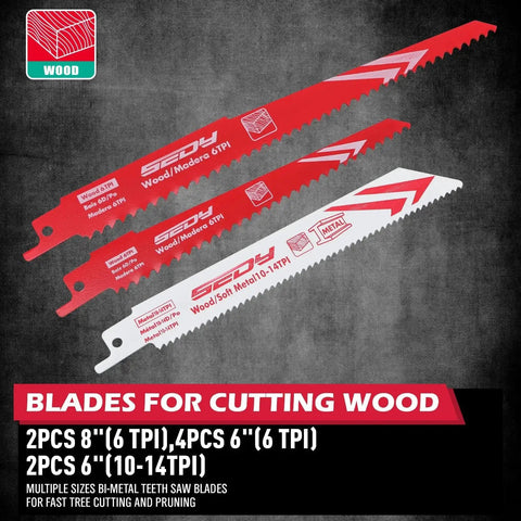 10 Piece Ultimate Reciprocating Saw Blade Set For Wood And Metal Premium 6 And 8 Inch Bi Metal Blades With Storage Box Durable Chromium Vanadium Steel Construction For Tough Cuts And Pruner Saw Blades Kit showing three red and white saw blades with teeth for wood cutting.