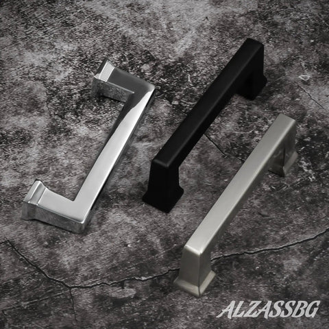 Solid Matte Black Cabinet Pulls Set Of Ten Three And Three Quarter Inch Overall Length With Three And A Quarter Inch Hole Centers, shown with metallic handles