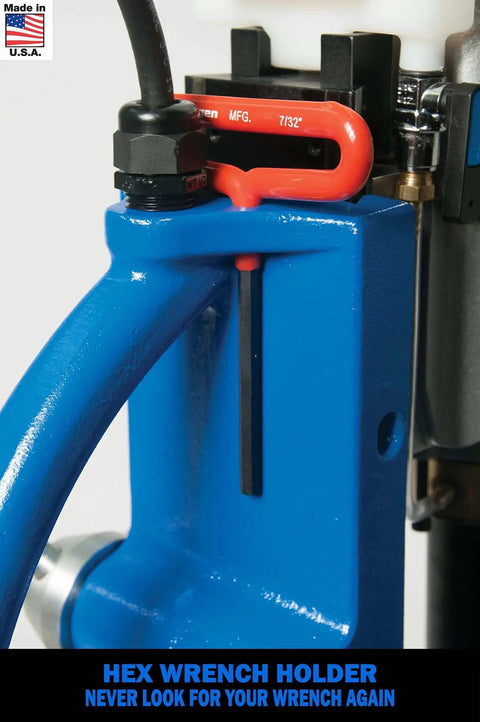 Beefy 115 Volt Swivel Base Magnetic Drill Fabricator Kit With Integrated Coolant Bottle And Half Inch Drill Chuck Plus Adapter And Rotabroach Cutter Kit From Hougen For Fast Precise Metal Drilling with hex wrench holder detail