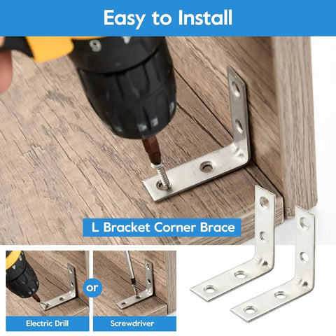 Installing 40 Piece Stainless Steel L Bracket Corner Brace for Shelves and Furniture, showing 2-inch right angle with screws.