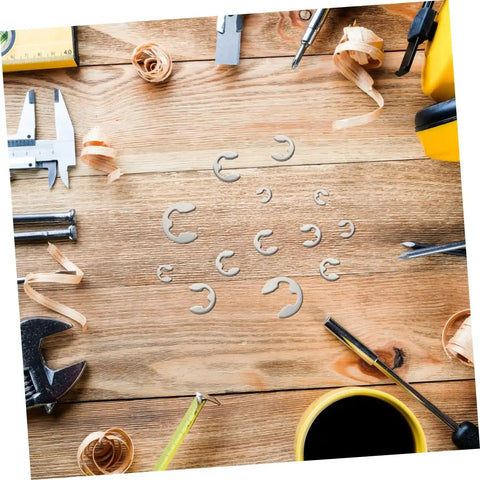 Circlip And Split Washer 300 Piece Set Stainless Steel 304 E Type Retaining Rings in workshop setting with tools.